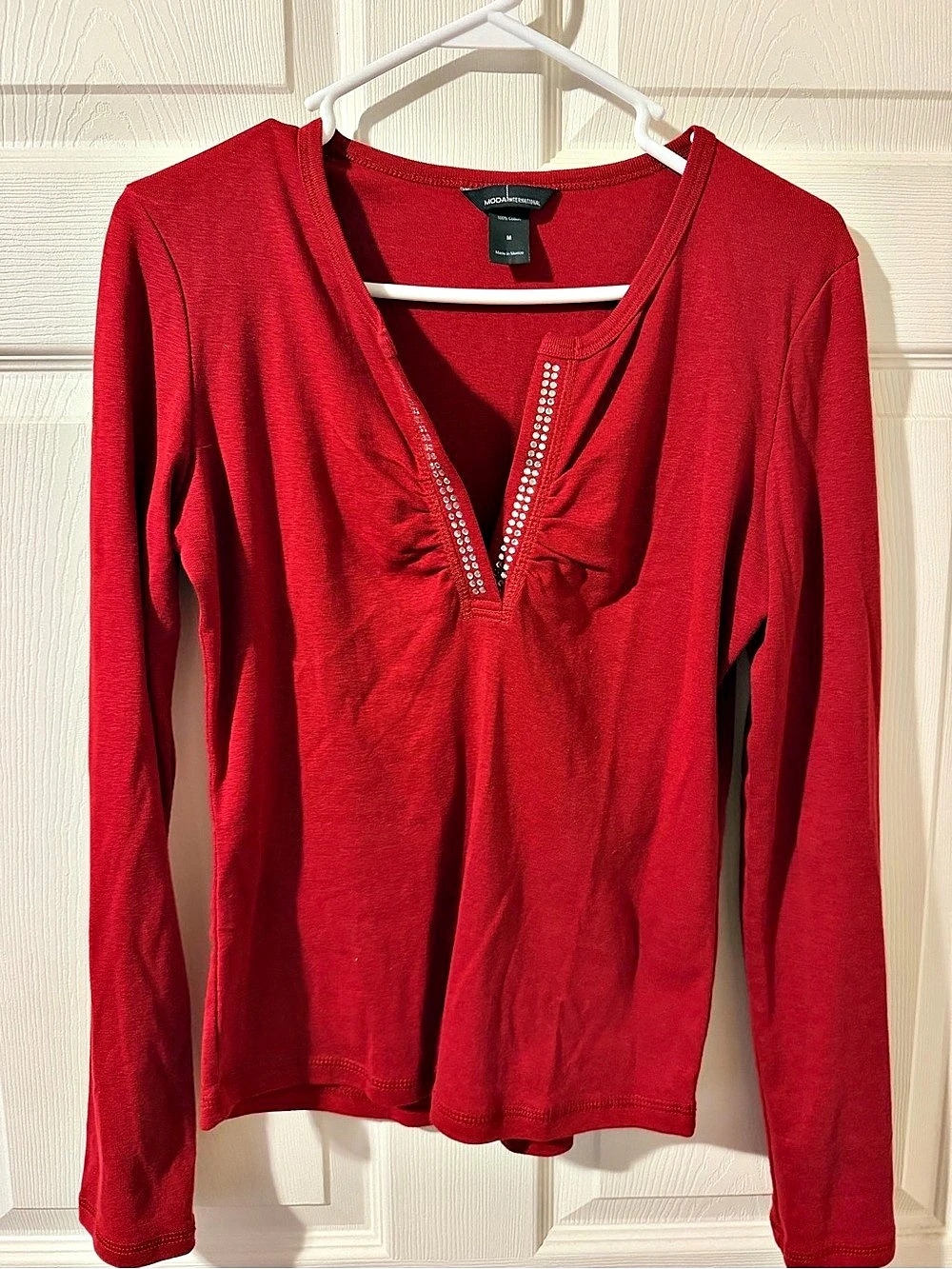 Moda International Red Cotton Embellished Long Sleeve Size Medium